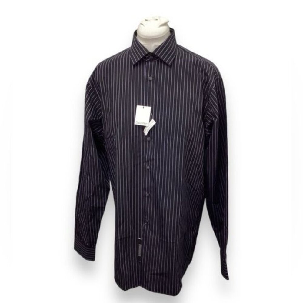 Calvin Klein Mens 16 34/35 Purple Dust Striped Regular Fit Long Sleeve Shirt